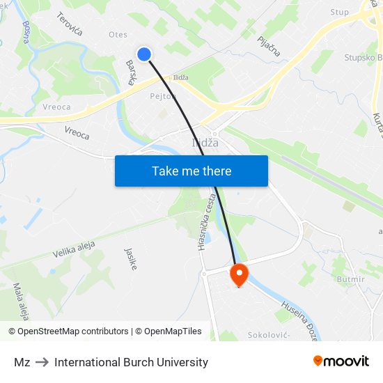 Mz to International Burch University map
