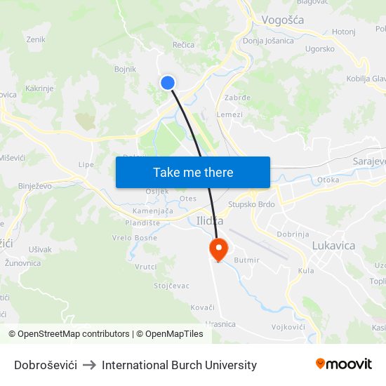 Dobroševići to International Burch University map