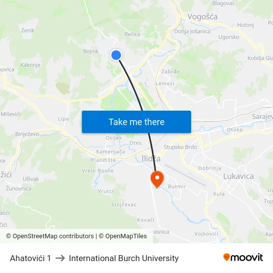 Ahatovići 1 to International Burch University map