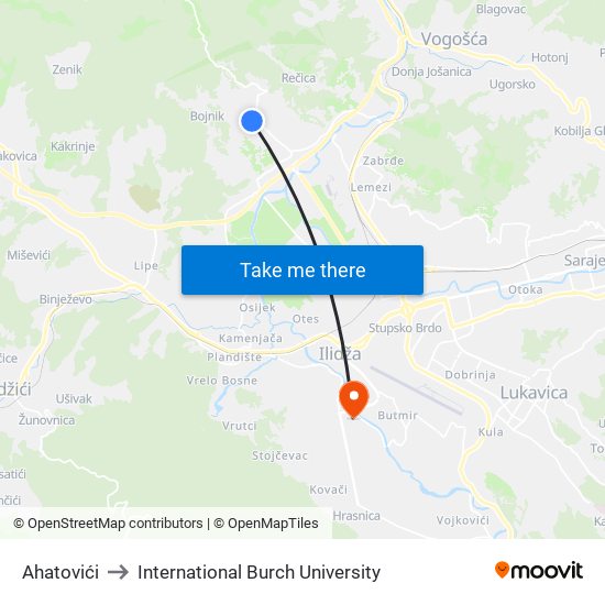 Ahatovići to International Burch University map