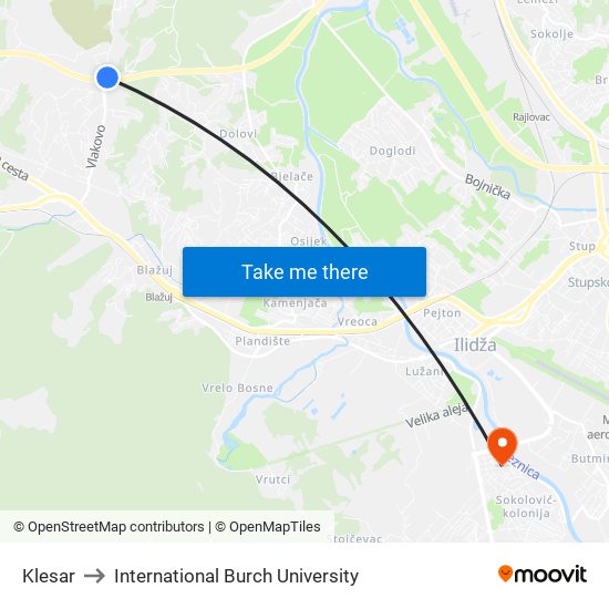 Klesar to International Burch University map