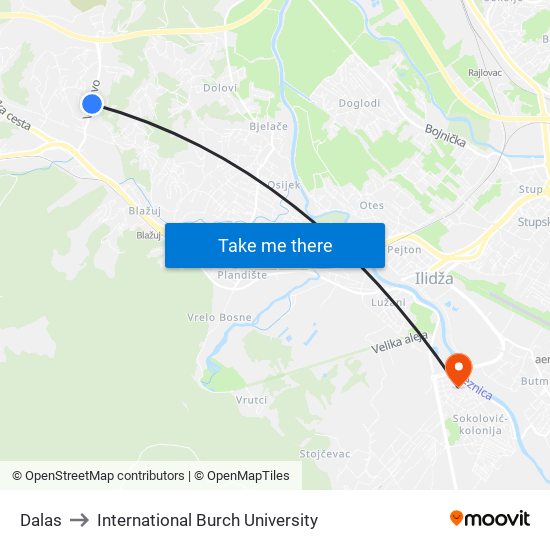 Dalas to International Burch University map
