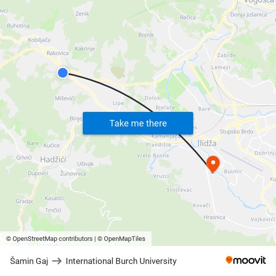 Šamin Gaj to International Burch University map