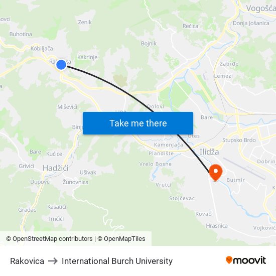 Rakovica to International Burch University map