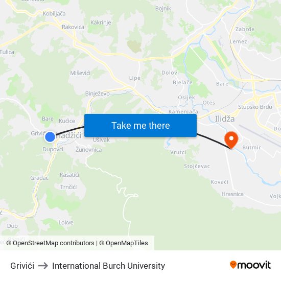 Grivići to International Burch University map