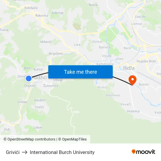 Grivići to International Burch University map