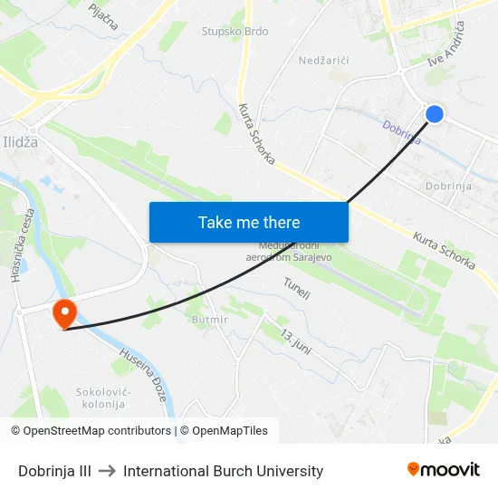 Dobrinja III to International Burch University map