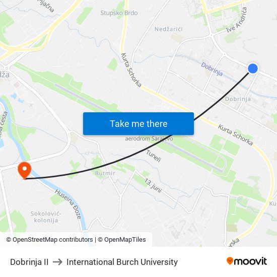 Dobrinja II to International Burch University map