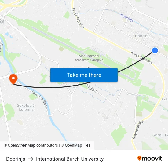 Dobrinja to International Burch University map
