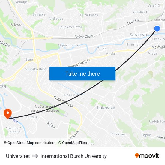 Univerzitet to International Burch University map