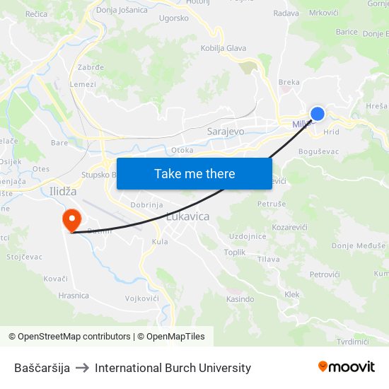 Baščaršija to International Burch University map