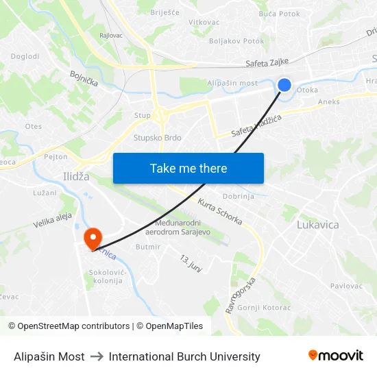 Alipašin Most to International Burch University map