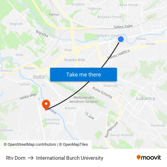 Rtv Dom to International Burch University map