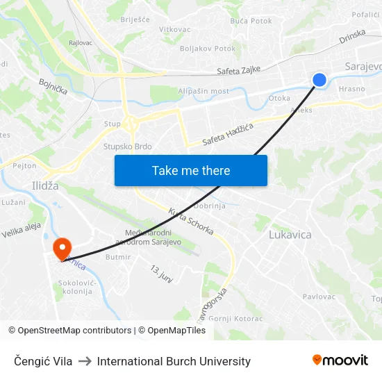 Čengić Vila to International Burch University map