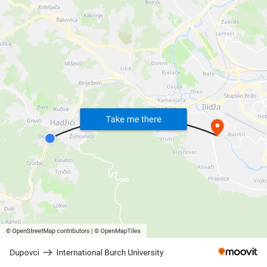 Dupovci to International Burch University map