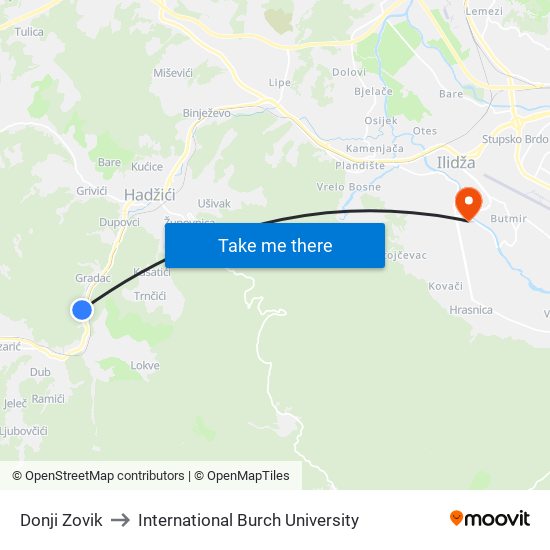 Donji Zovik to International Burch University map