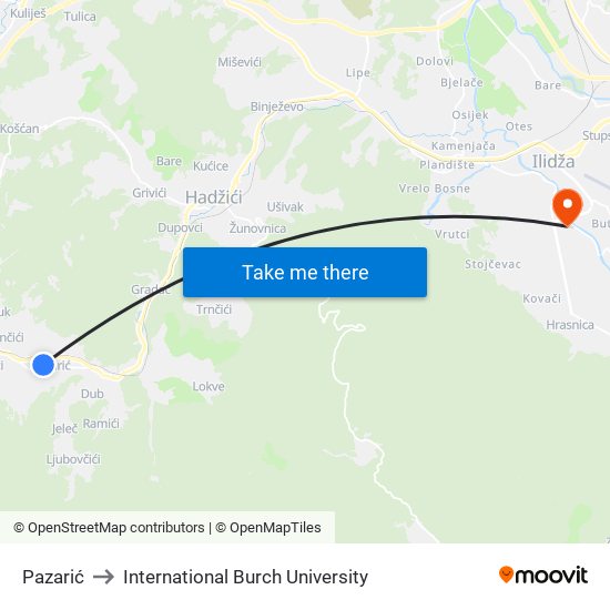 Pazarić to International Burch University map