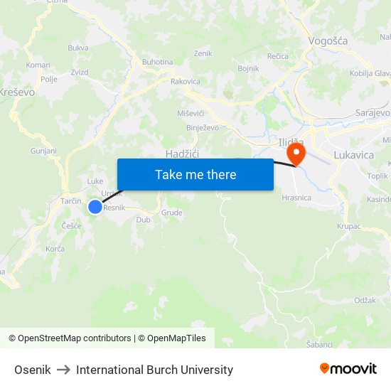 Osenik to International Burch University map