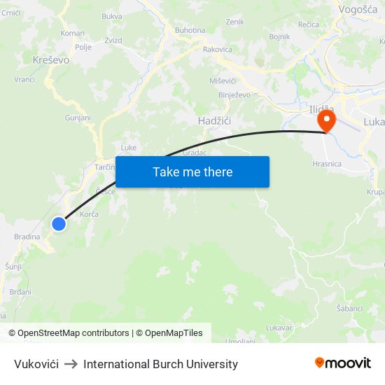 Vukovići to International Burch University map