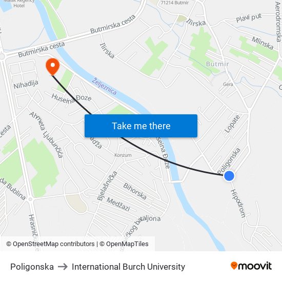 Poligonska to International Burch University map