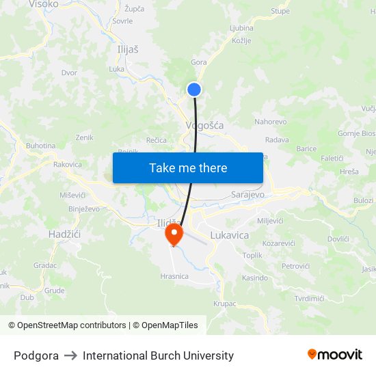 Podgora to International Burch University map