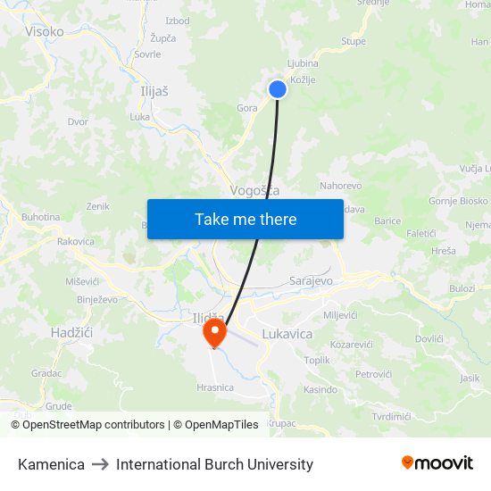 Kamenica to International Burch University map