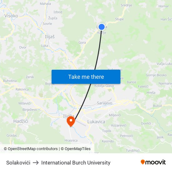 Solakovići to International Burch University map