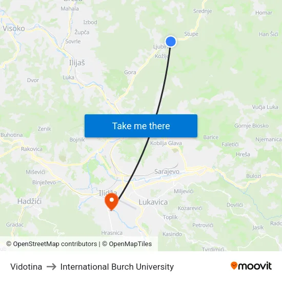 Vidotina to International Burch University map