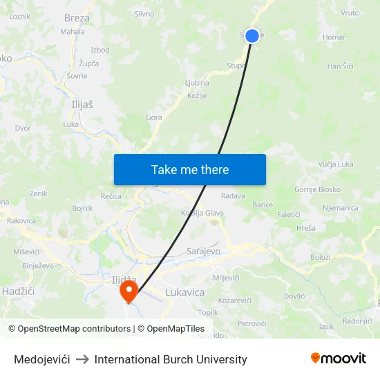 Medojevići to International Burch University map
