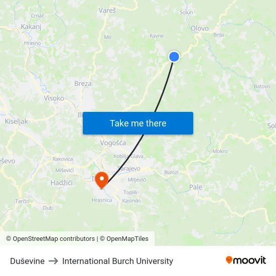 Duševine to International Burch University map