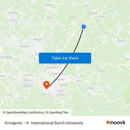 Krivajevići to International Burch University map