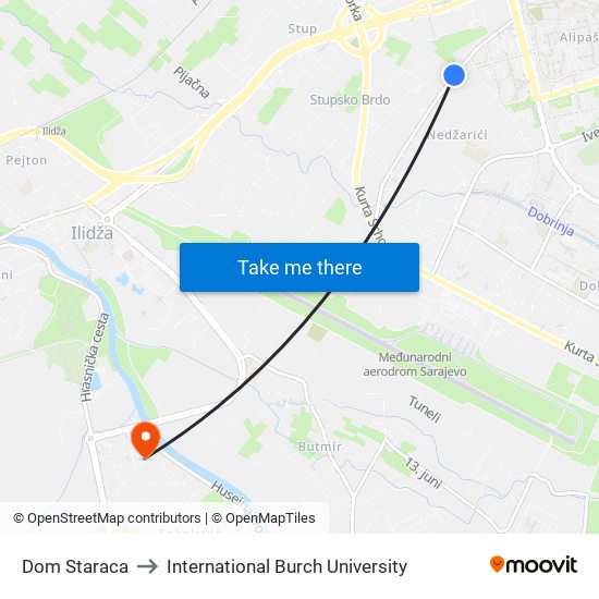 Dom Staraca to International Burch University map