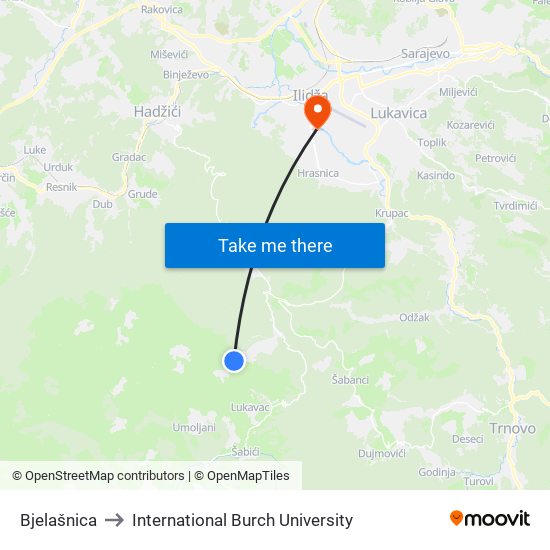 Bjelašnica to International Burch University map