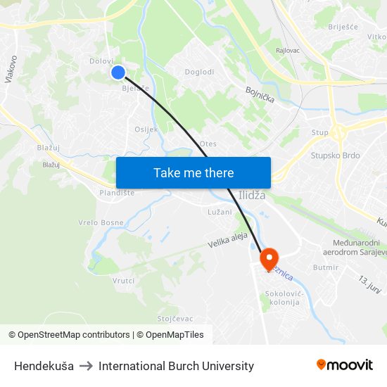 Hendekuša to International Burch University map