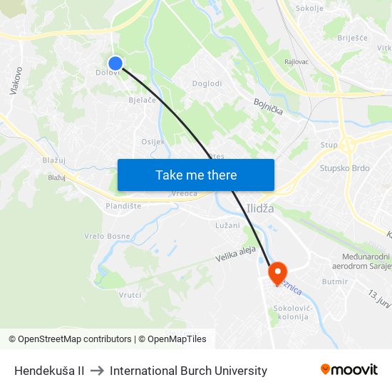 Hendekuša II to International Burch University map