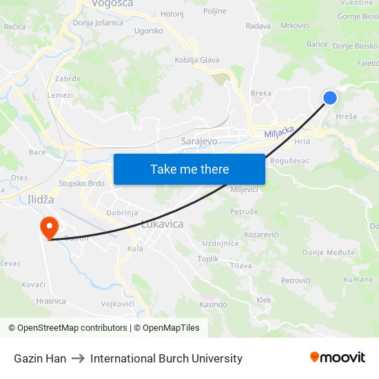 Gazin Han to International Burch University map