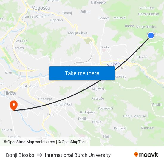 Donji Biosko to International Burch University map