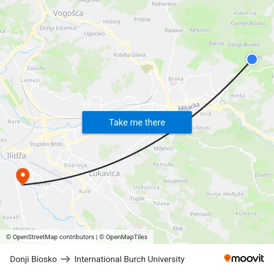 Donji Biosko to International Burch University map