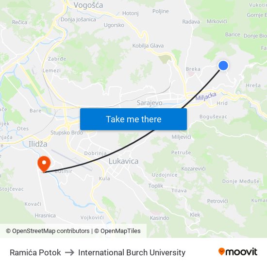 Ramića Potok to International Burch University map