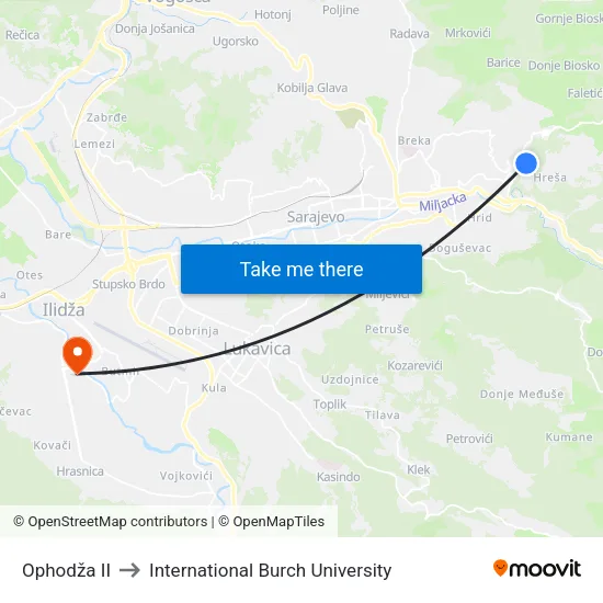 Ophodža II to International Burch University map