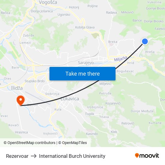 Rezervoar to International Burch University map