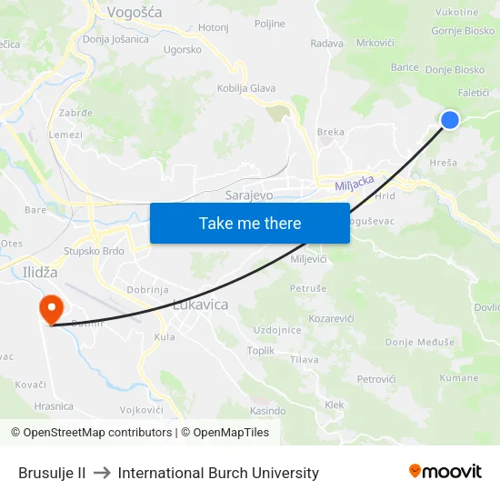 Brusulje II to International Burch University map
