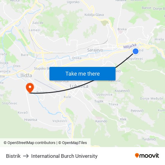 Bistrik to International Burch University map