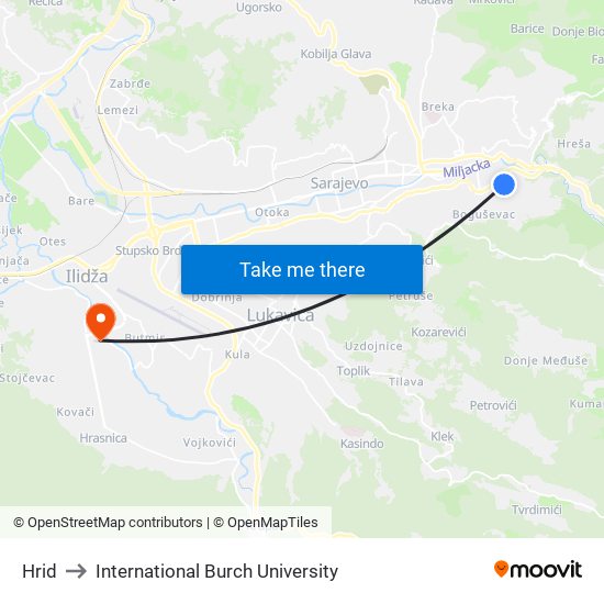 Hrid to International Burch University map