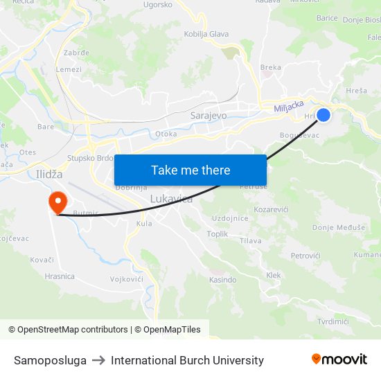 Samoposluga to International Burch University map