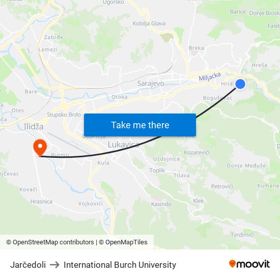 Jarčedoli to International Burch University map