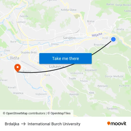 Brdaljka to International Burch University map