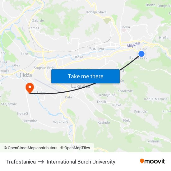 Trafostanica to International Burch University map