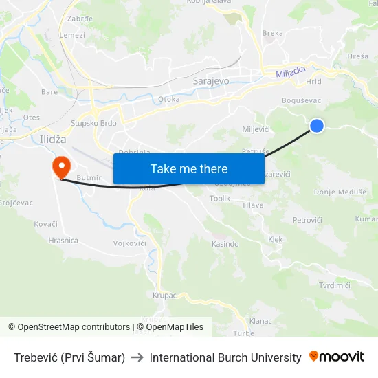 Trebević (Prvi Šumar) to International Burch University map