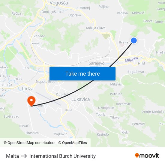 Malta to International Burch University map